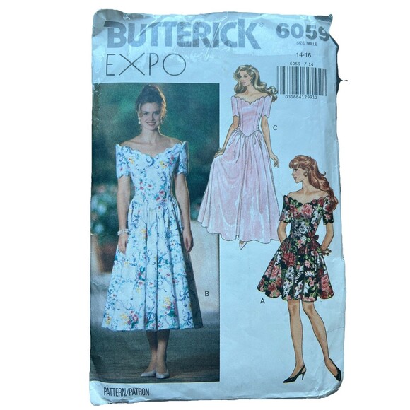 BUTTERICK Sewing Pattern 6059 Miss Size 14-16 Off Shoulder Princess Hem Dress UC - Picture 1 of 2